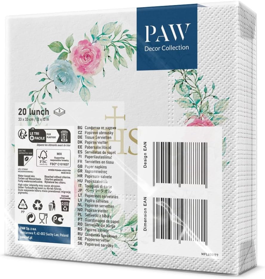 PAW - Șervețele 3 straturi (33 X 33 Cm) I 20 bucăți I Perfect pentru comuniune, confirmare, botez I Ideal pentru băieți și fete I Decorațiuni de masă Șervețele de hârtie elegante - IHS Roses I Delicate Roses