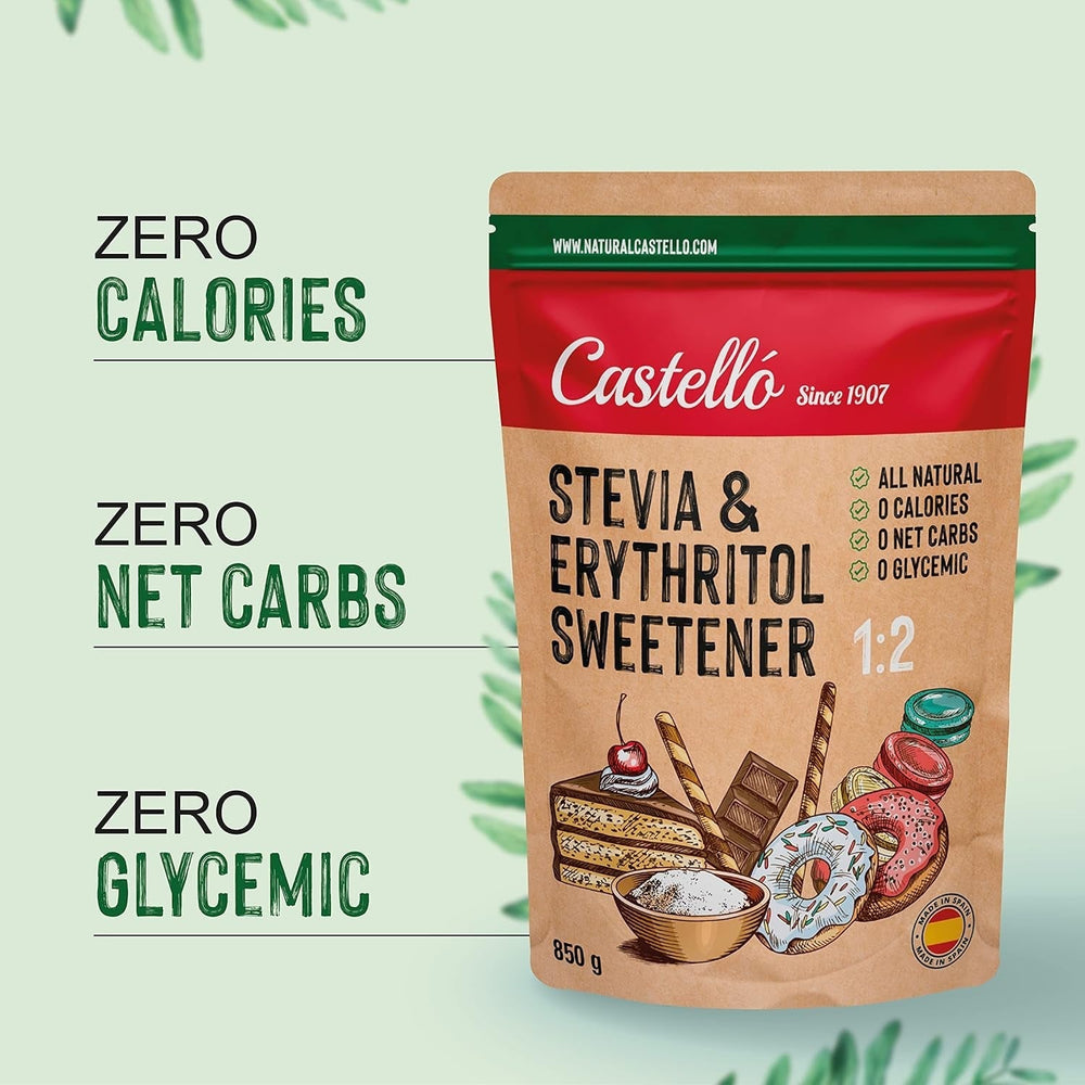 Stévie + Erythritol 1:2 Süßstoff | 1G = 2G Zucker | 100% Natürlicher Zuckerersatz - 0 Kalorie - 0 Glykämischer Index - Keto Und Paleo - 0 Netto-Kohlenhydrát - Kein GVO - Castello od roku 1907 - 850 G Sladidla Naty Shop