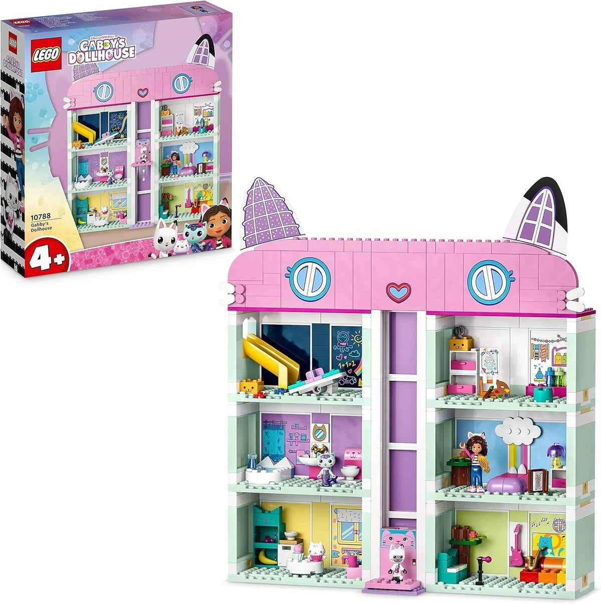 Lego 10788 Sada hraček Domeček pro panenky Gabby, 8 pokojů a 4 patra Domeček pro panenky Gabby s figurkami Pandi, Surikata, Kuchi a doplňky, Dárek pro 4leté dívky, chlapce a děti Stavebnice Besuche den LEGO-Store Single