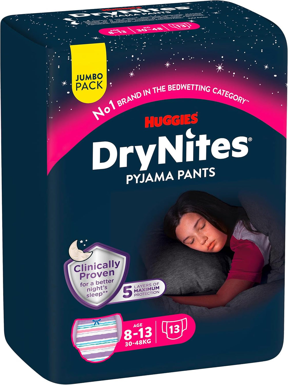 Noční noční pomočování Huggies DryNites pro chlapce od 13 do 8-13 let (30-48 kg) 33dílné (3x11) Jumbo měsíční balení XL plenkové kalhotky Vazba produkty do koupele