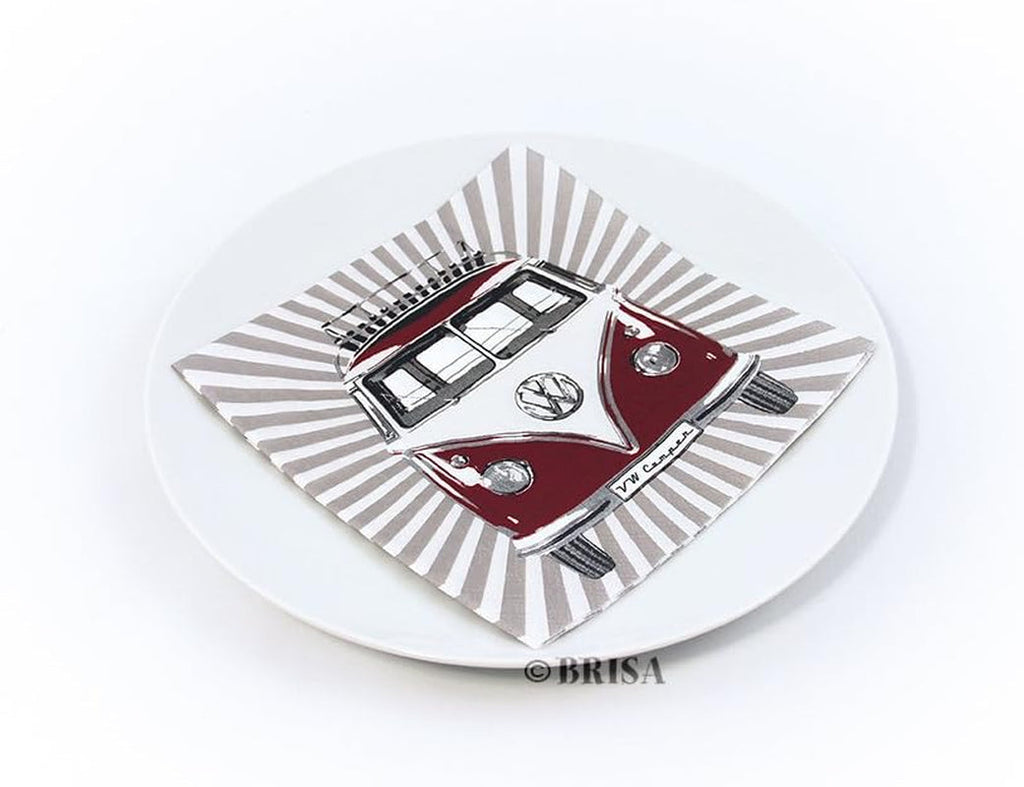 BRISA VW Collection - Șervețele de masă Volkswagen cu autobuz T1 (dungi Samba/roșu/3 straturi)