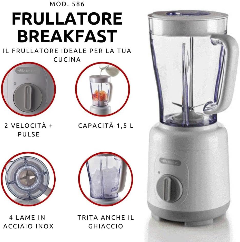 Ariete Breakfast 586 Blender, Elektrischer Mixer Mit 4 Edelstahlklingen, 2 Geschwindigkeiten + Pulse-Funktion, Anti-Rutsch-Füße, Aufsatzdeckel, 1,5 L Fassungsvermögen, 500W, Weiß Mama si Copilul Naty Shop