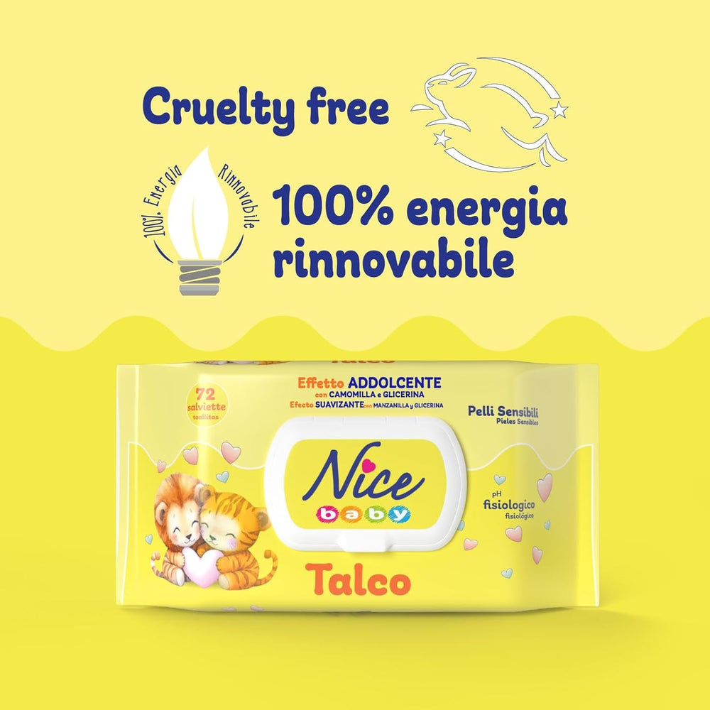 Șervețele umede NICE pentru bebeluși, 72 bucăți, cu capac, parfum de talc, materiale naturale, curățare delicată, bebeluși, 1 buc.