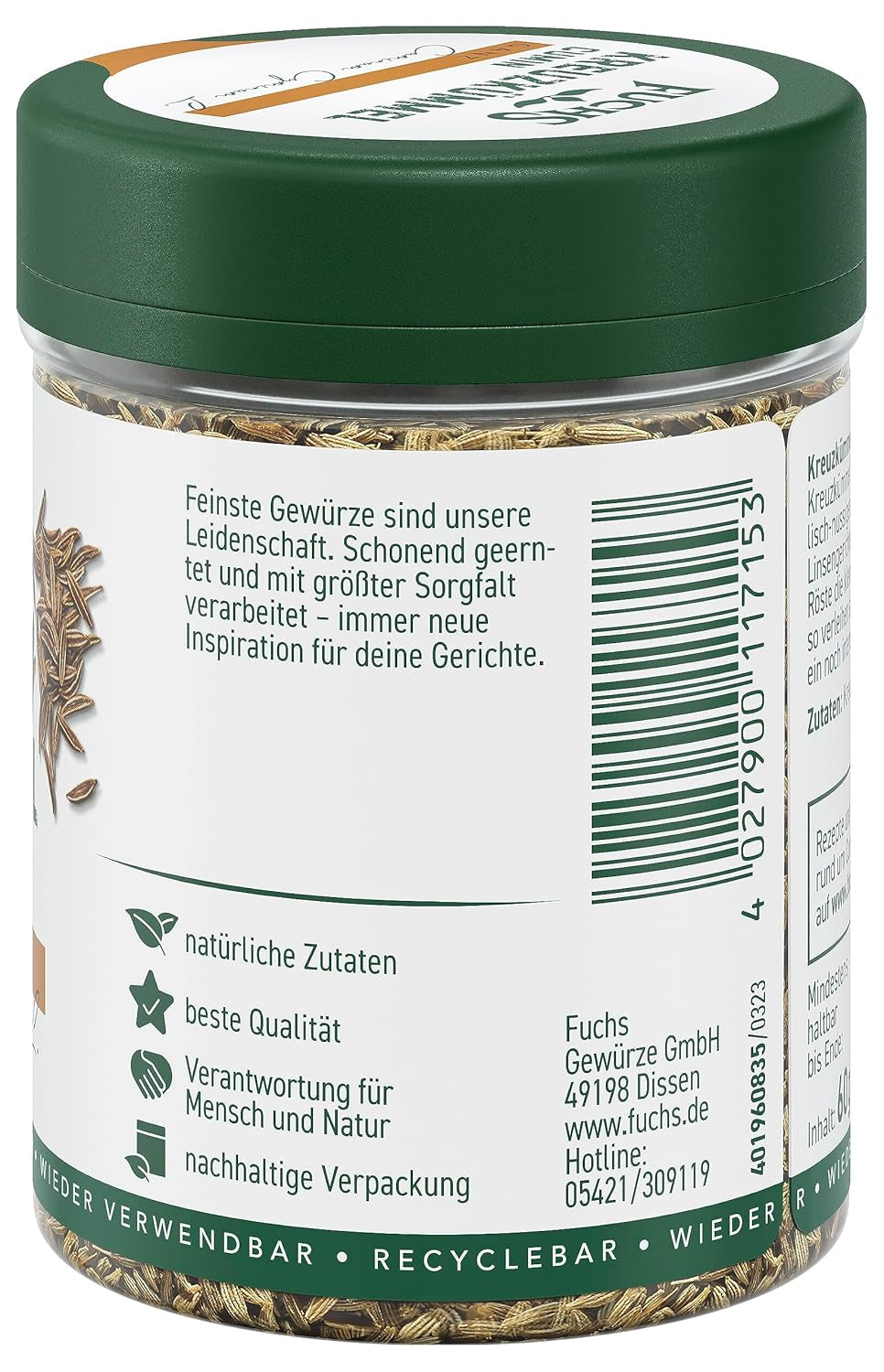 Fuchs Gewürze - Kreuzkümmel ganz - orientalisch-nussige Note für Falafel und Linsengerichte - přírodní ingredience - 60 g v wiederverwendbarer, recyclebarer Dose