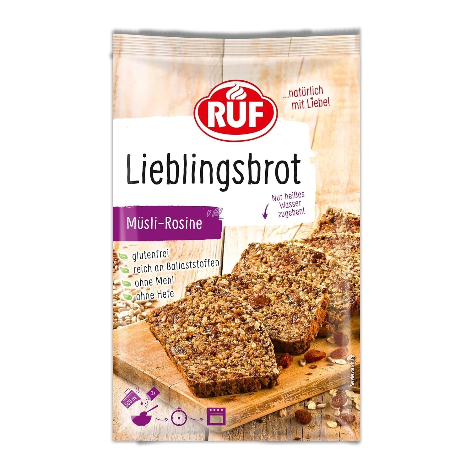 RUF Lieblingsbrot Protein, Brot-Backmischung, Brotmischung, Brotteig-Mischung, Proteinreiches Brot, Glutenfrei, Ohne Mehl & Hefe, 1 X 500G Naty Shop 600 G (1Er Pack) Müsli-Rasine