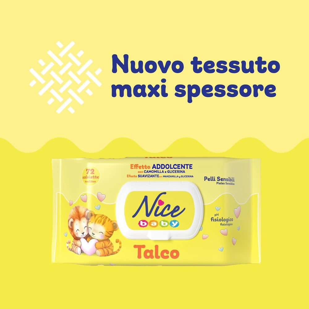 Șervețele umede NICE pentru bebeluși, 72 bucăți, cu capac, parfum de talc, materiale naturale, curățare delicată, bebeluși, 1 buc.