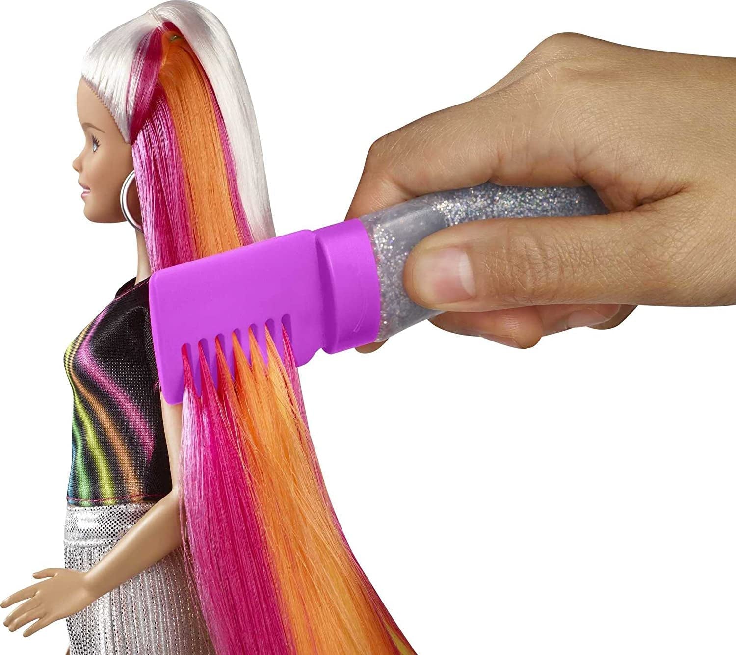 Barbie FXN96 - Rainbow Glitter Hair Doll cu păr blond lung, curcubeu ascuns de cinci culori, gel cu sclipici, perie de păr, accesoriu pentru coafat, cadou de jucărie pentru copii de la 5 ani în sus Papusi Naty Shop