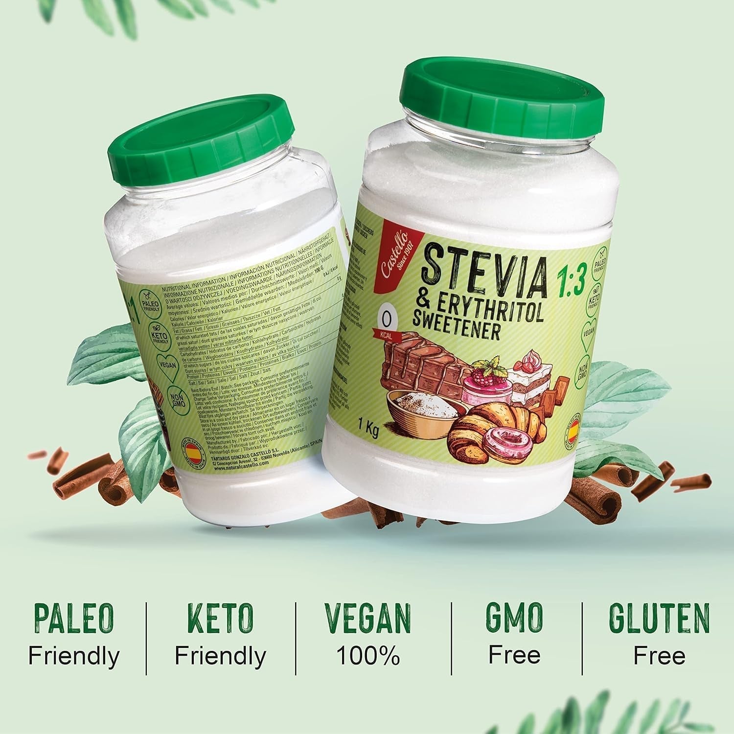 Stévie + Erythritol 1:3 Süßstoff | 1G = 3G Zucker | 100% Natürlicher Zuckerersatz - 0 kalorií - 0 Glykämischer Index - Keto Und Paleo - 0 Netto-Kohlenhydrát - Kein GVO - Castello od roku 1907-1 Kg Sladidla Naty Shop