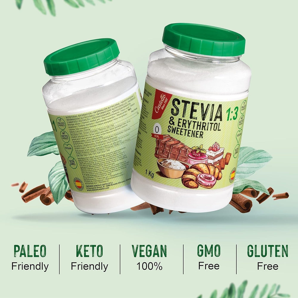 Stévie + Erythritol 1:3 Süßstoff | 1G = 3G Zucker | 100% Natürlicher Zuckerersatz - 0 kalorií - 0 Glykämischer Index - Keto Und Paleo - 0 Netto-Kohlenhydrát - Kein GVO - Castello od roku 1907-1 Kg Sladidla Naty Shop