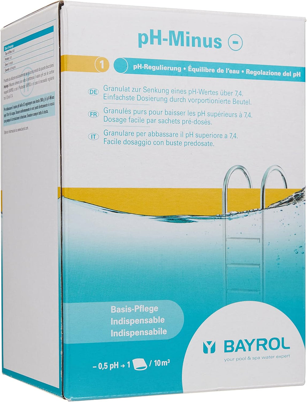 BAYROL e-pH-Minus granule 6 kg - rychle a efektivně redukuje nadměrně vysoké hodnoty pH v bazénech - snadné dávkování přímo do vody - včetně dávkovače - reduktor pH - úprava pH pro bazény