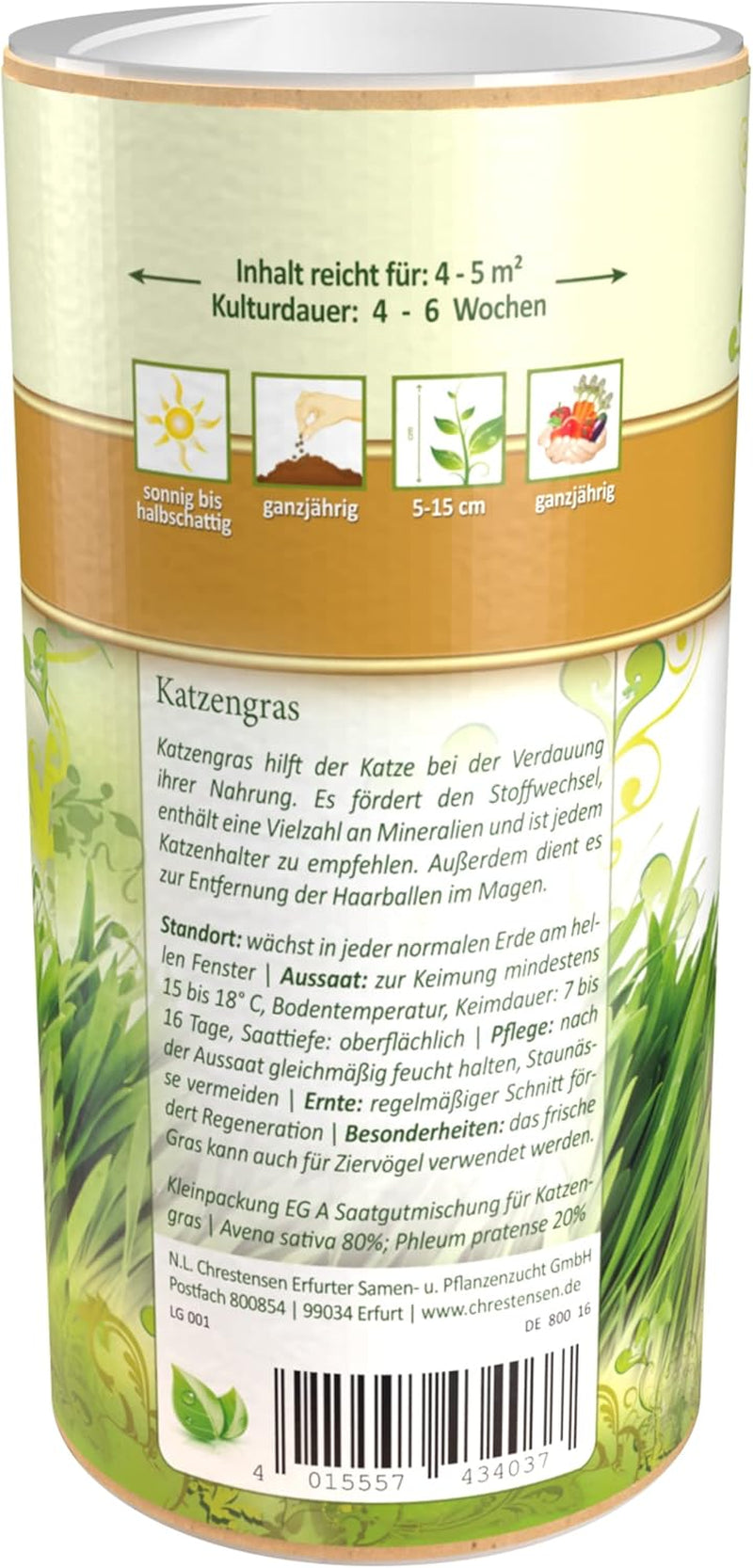 Premium Katzengras Samen Chrestensen, Grassamen Schnellkeimend, 1 Dose 110 G, Reicht Für Ca. 4-5 M² Katzengras Fertig Gewachsen, Natürliche Katzen Leckerlies Zu Hause