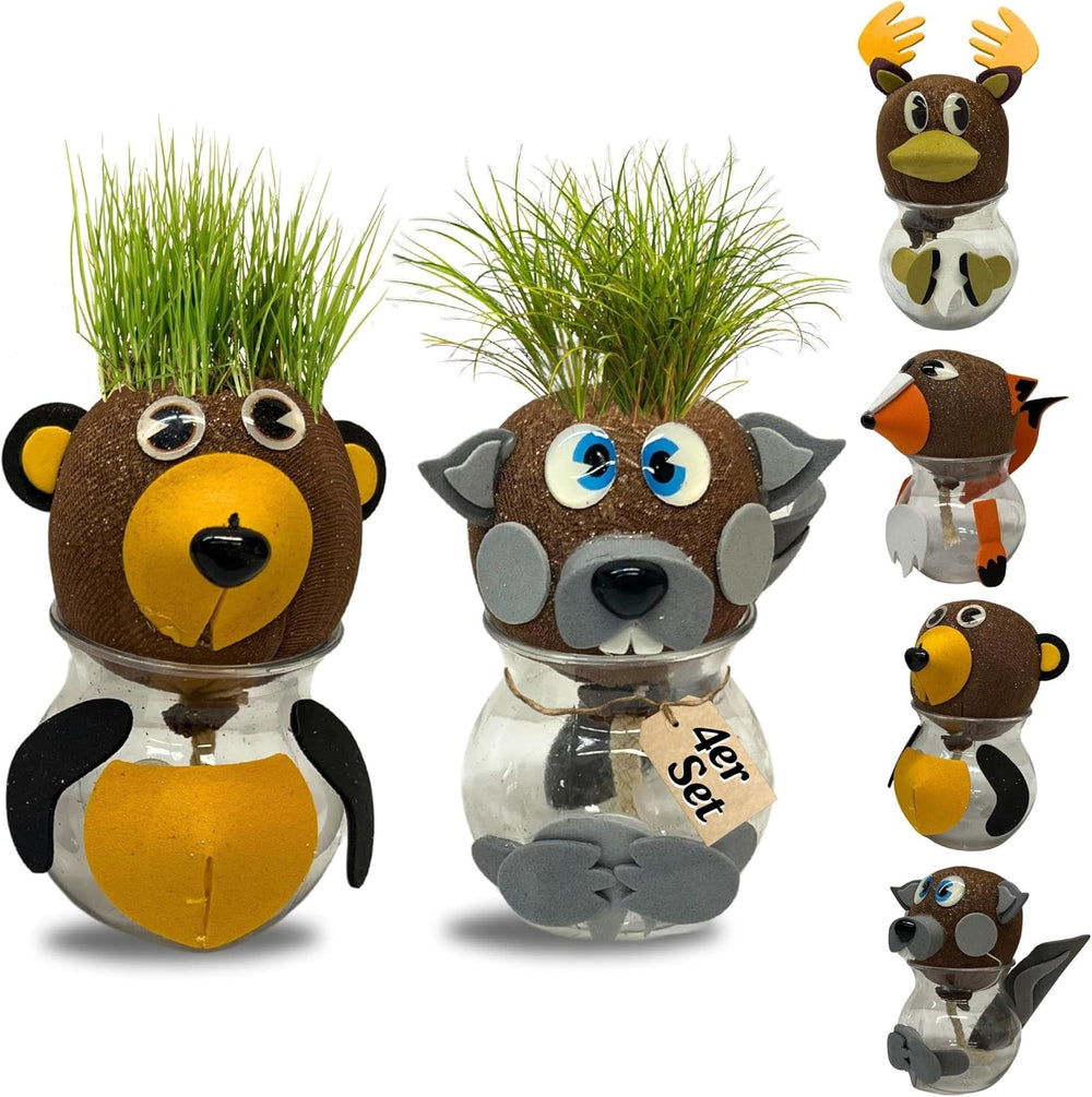 Bada Bing Graskopf 4er Set vč. Wasserbehälter Waldtiere DIY Tiere – Rasenkopf Tierkopf mit Rasensamen – Experiment für Kinder – Spaß mit Lerneffekt – Geschenk Mitbringsel Kindergeburtstag Mitgebsel
