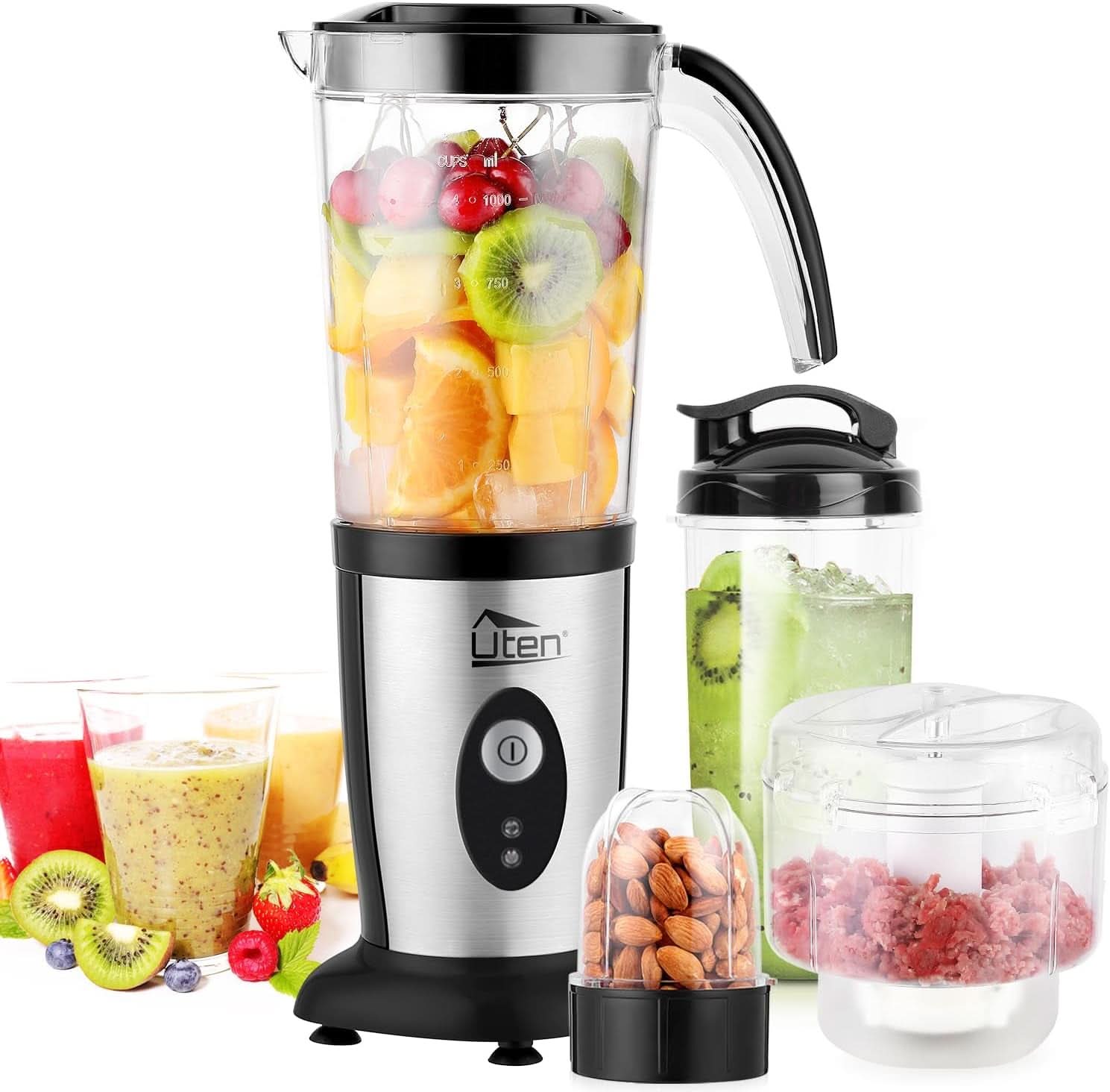 Uten Standmixer 2L, 1800 W Mixer Hochleistungsmixer, Pulse Und 5 Geschwindigkeiten, Edelstahlgehäuse, 6 Klingen, Macht Milchshake-Smoothies, Mahlbare Kaffeebohnen Mother and Child Naty Shop 1,25L (5 In G