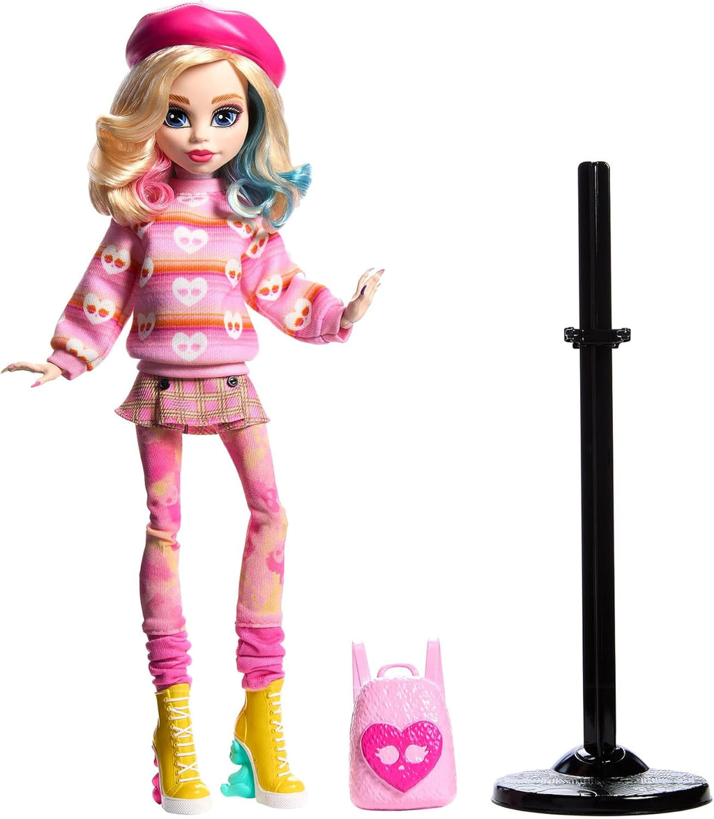 Păpușă și accesorii Monster High Wednesday, Enid Sinclair figurină de colecție în roz cu beretă și rucsac, suport pentru păpușă, HXJ05 Papusi Naty Shop