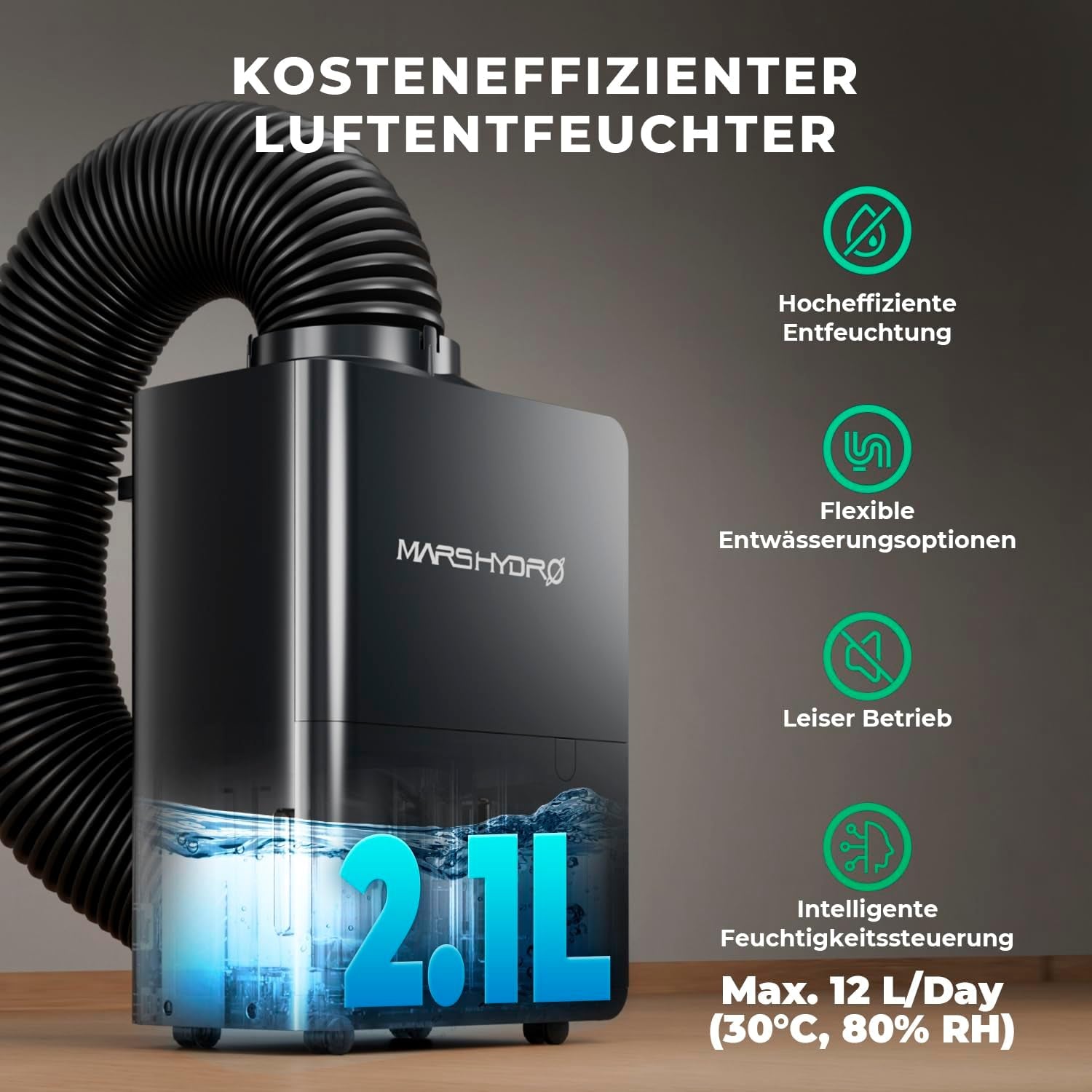 MARS HYDRO odvlhčovač, 12 l/den, automatické odmrazování, funkce časovače, pokojový odvlhčovač pro pěstební stany, sklepy a rostliny, nádrž na vodu 1,2 l