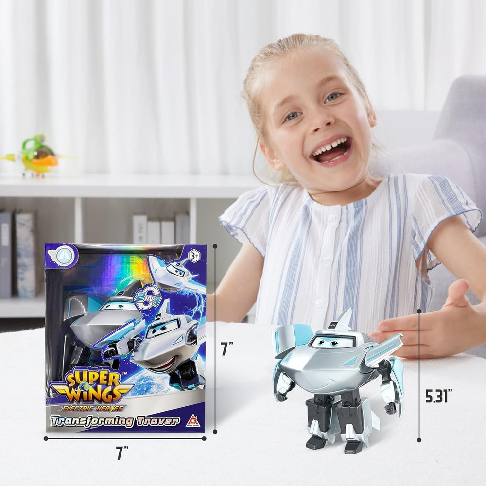 Transformační letadlo Super Wings Supercharged Traver, přibl. 12,7 cm velká dětská hrací figurka Letadlo a figurka robota pro chlapce a dívky starší 3 let Stříbrné akční figurky Naty Shop