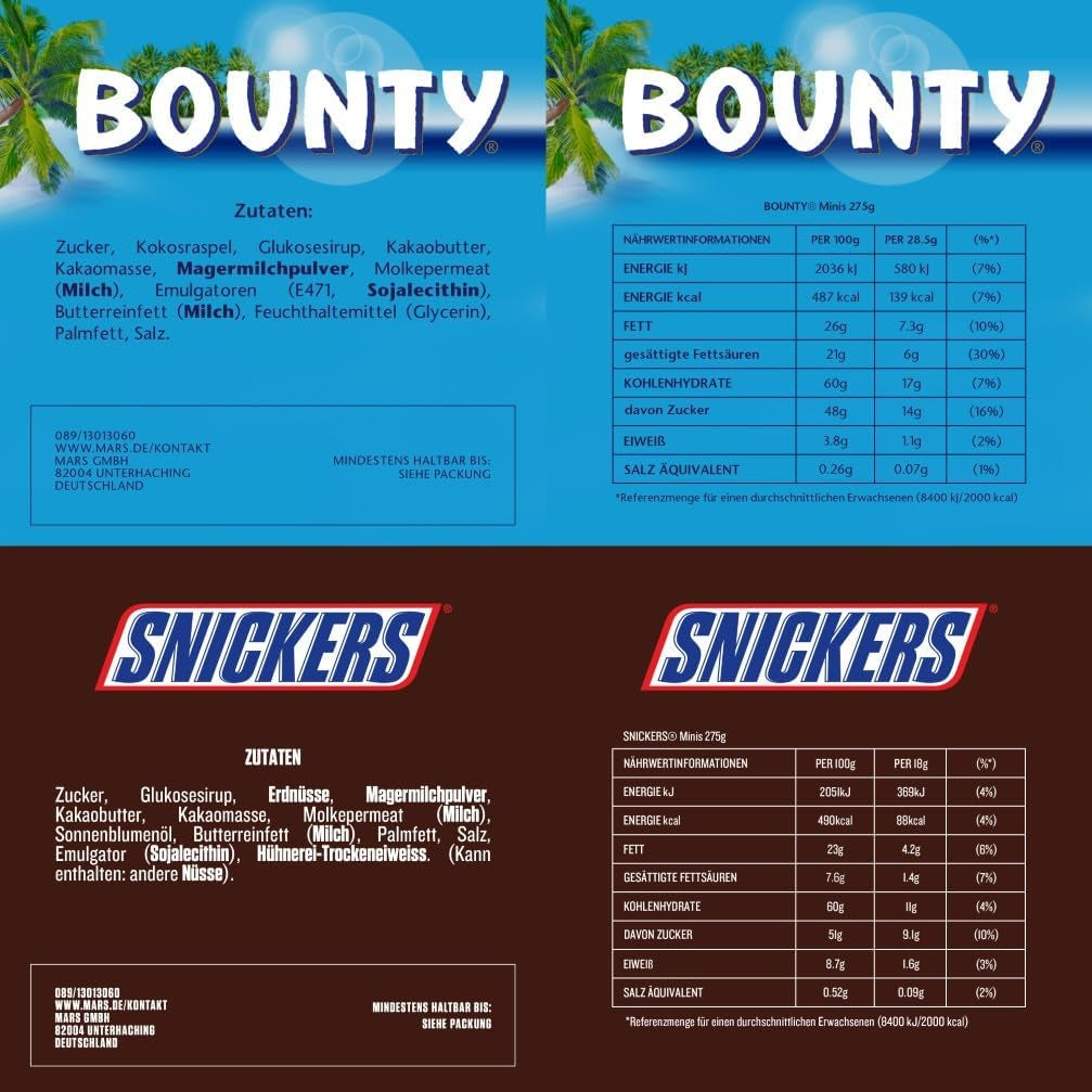 Mini čokoládové míchané balení, 71 mini čokoládových snacků (Mars, Snickers, Bounty, Twix, Milky Way) ve formě sladkostí, ideální pro večer amerického fotbalu (1400 g)