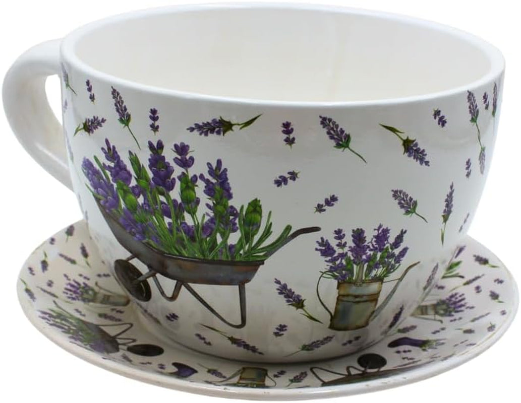 Ghiveci de flori Dekohelden24, jardinieră, ghiveci pentru plante, recipient pentru plante, ghiveci de flori. Ghiveci ceramic în formă de cupă cu mâner, design: lavandă, L/l/Î 25 x 23 x 14 cm.