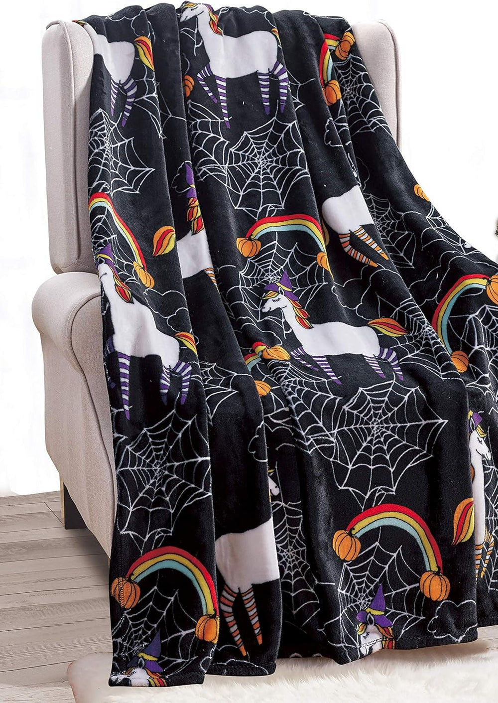 Elegantní komfortní lehká přikrývka s halloweenskou tématikou, měkká, útulná a plyšová, ideální pro odpočinek v tomto strašidelném období, 127 x 152,4 cm, lůžka a přikrývky z lebky a kostí Elegantní komfortní jednorožec černá 50 x 60