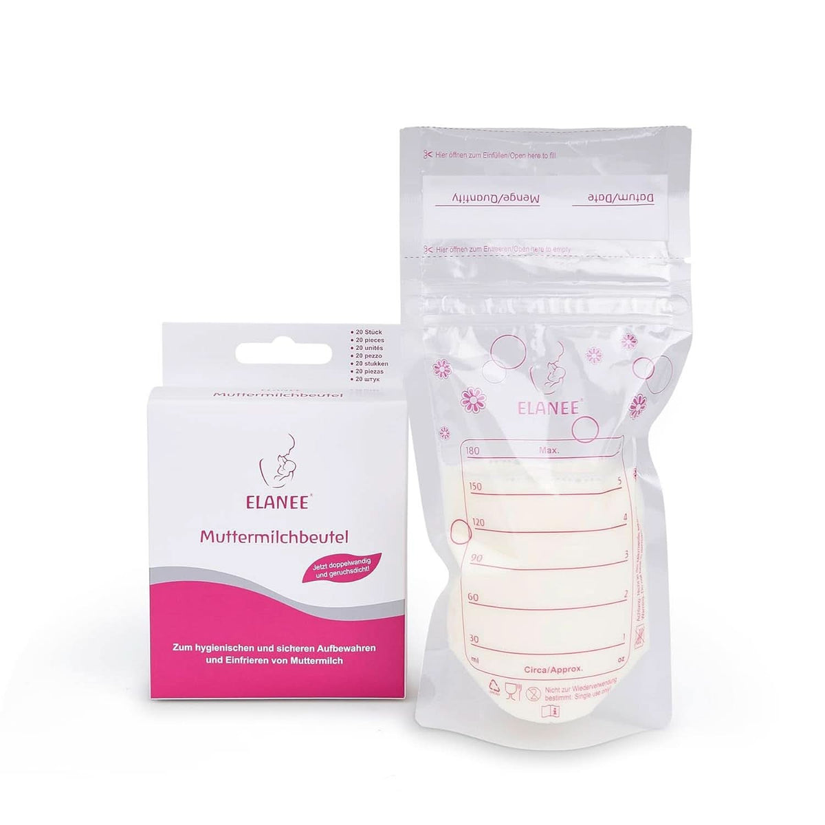 ELANEE Muttermilchbeutel, Aufbewahren & Einfrieren Von Muttermilch, Geschmackneutral Und Vorsterilisiert, Doppelter Sicherheitsverschluss, 20 Stück, Mit Standfuß (711-00) Dětská výživa a doplňky ke kojení Naty Shop