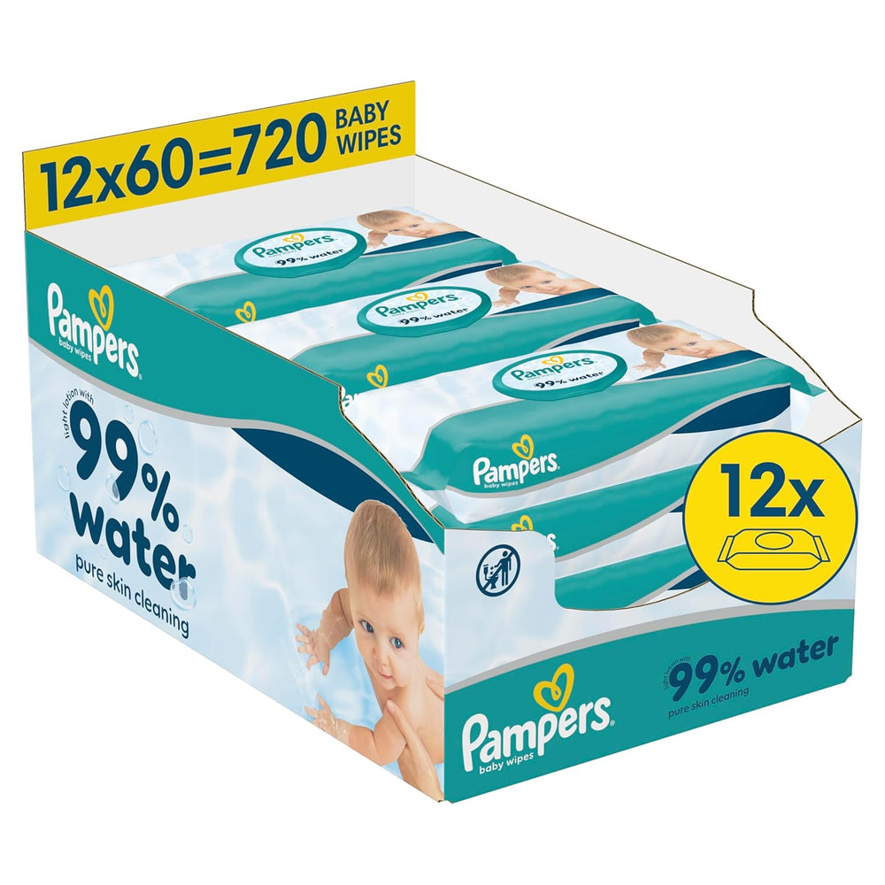 Pampers 99% vodní dětské ubrousky, 12 balení po 60 ubrouscích každý = 720 dětských ubrousků, lehké mléko 99% voda
