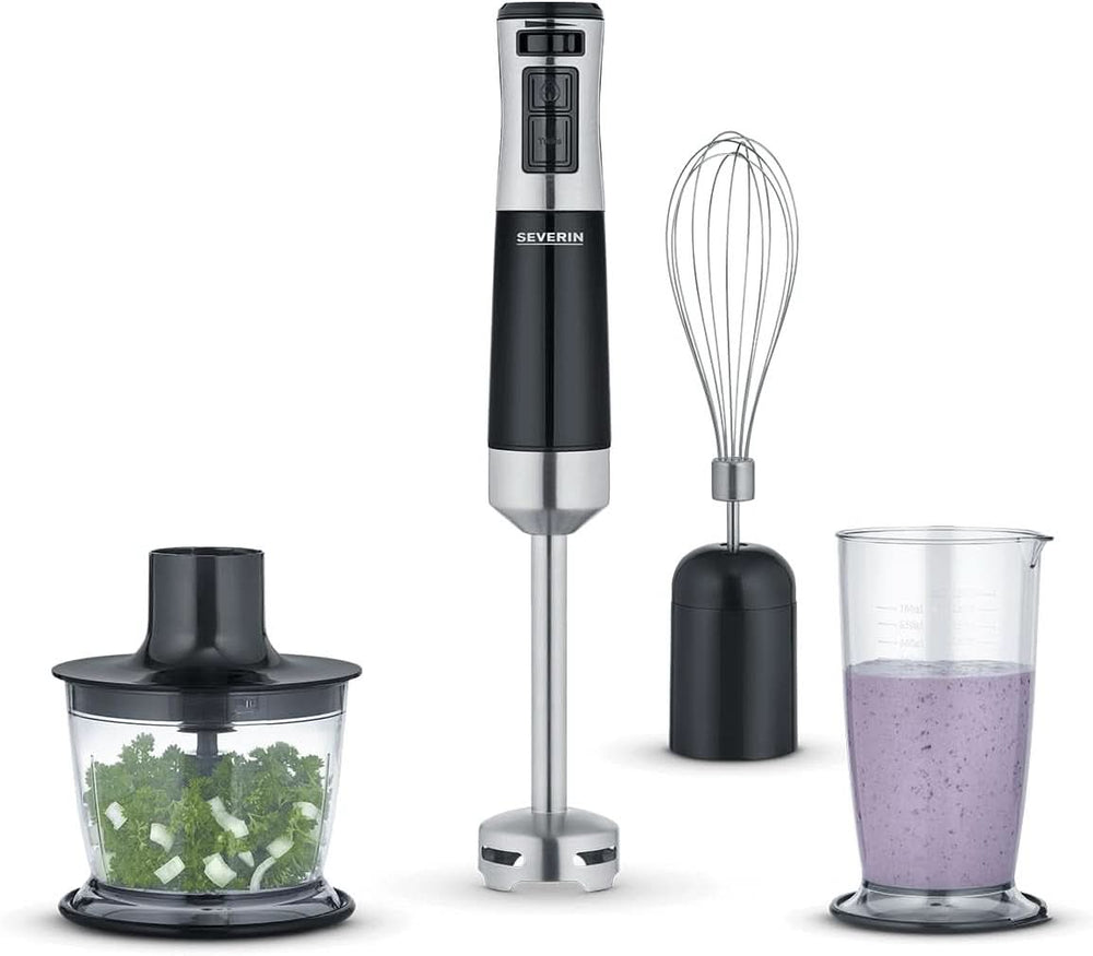SEVERIN Kabelloser Stabmixer Mit Premium-Set, Abnehmbarer Mixstab, Mit Pürierstab, Multizerkleinerer, Mixbehälter, Kartoffelstampfer & Schneebesen, Schwarz/Edelstahl-Gebürstet, SM 3775 Mama si Copilul Naty Shop 600 W Inkl. Zubehör-Set
