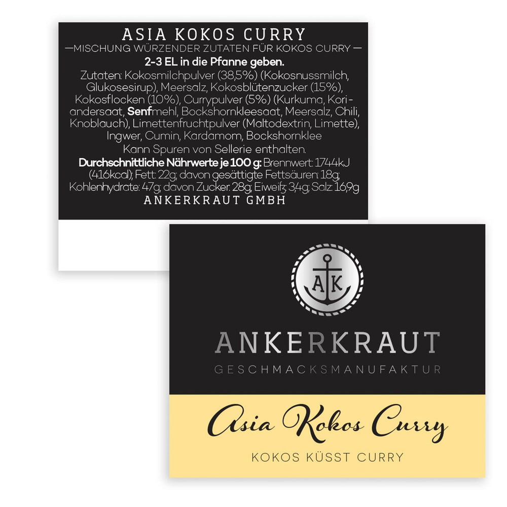 Ankerkraut Asia Kokos Curry, 85g v korkovém skle, Gewürz für Kokos-Milch Gemüse Fleisch, Einfach Lecker Zu Hause Kochen, Premium Qualität in der Panne