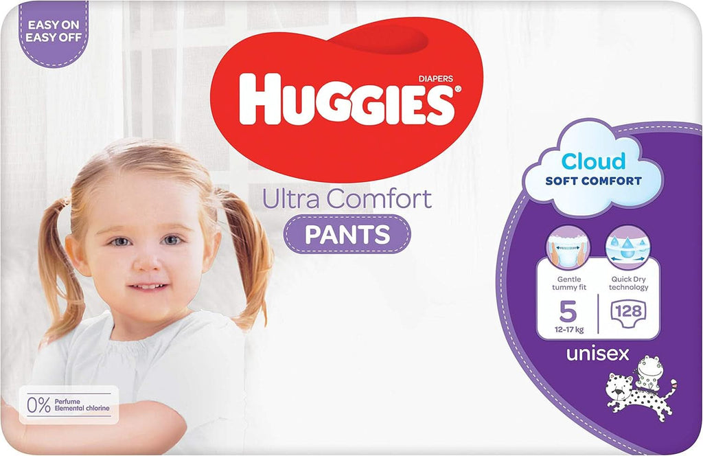 Huggies Ultra Comfort Pants, mărimea 5, 12 - 17 kg, Pentru copii activi, Cu indicator de umezeală și tehnologie cloud waistband, 128 scutece Mama si Copilul Naty Shop