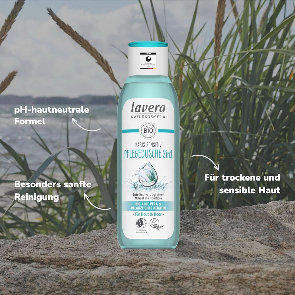 Lavera Care Basis Sensitiv 2v1, Šampon a sprchový gel s bio aloe vera a rostlinným keratinem, 250 ml Sprcha a koupel Naty Shop