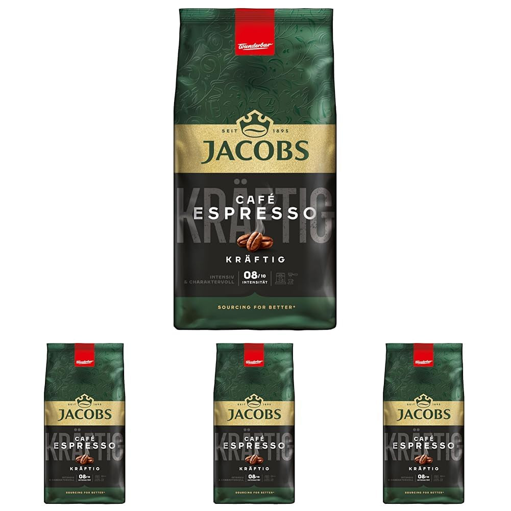 Boabe de cafea Jacobs Café Espresso 1kg – Puternice, picante, boabe Arabica și Robusta, intensitate 8/10, ideale pentru espresso (pachet de 4)