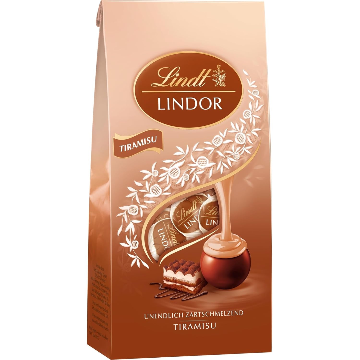 Lindt Čokoláda | LINDOR Tiramisu taška | 137 g | 11 mléčných čokoládových kuliček s náplní tiramisu rozpouštějící se v ústech | Dárek z čokolády