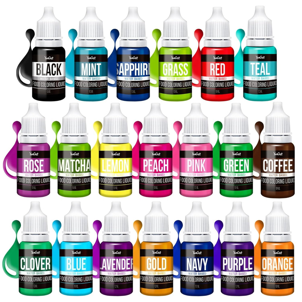 Potravinářské barvivo – 20 barev Vysoce koncentrované tekuté potravinářské barvivo na dorty, pečení, velikonoční vajíčka, nápoje – Potravinářské barvivo bez cukru na fondán, polevu, sliz, zdobení dortů – 10 ml každý