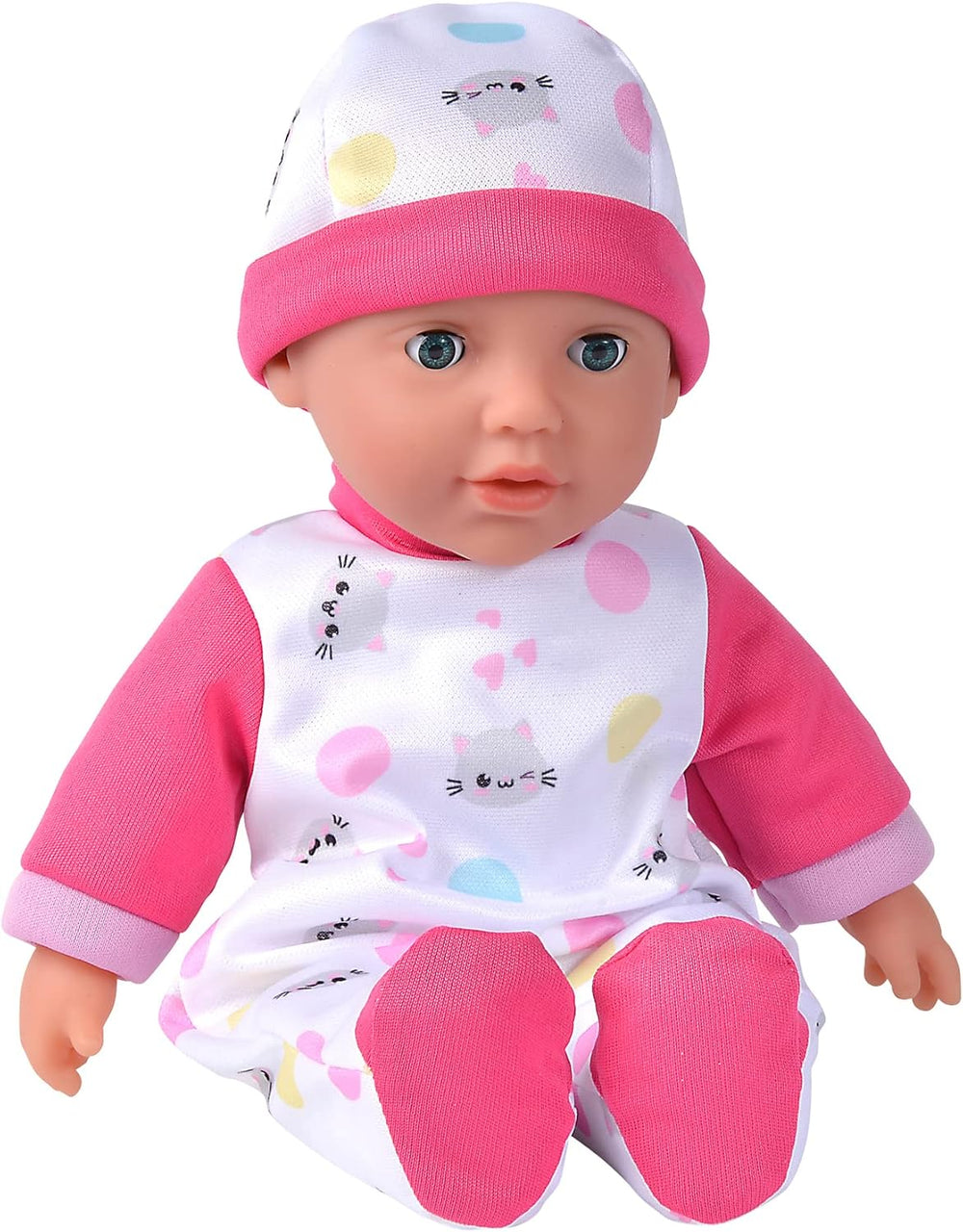 Simba 105140004 - Laura Cutie, păpușă cu corp moale și ochi adormiți într-o salopă drăguță în formă de pisicuță, 5 sunete, 30 cm, de la 12 luni