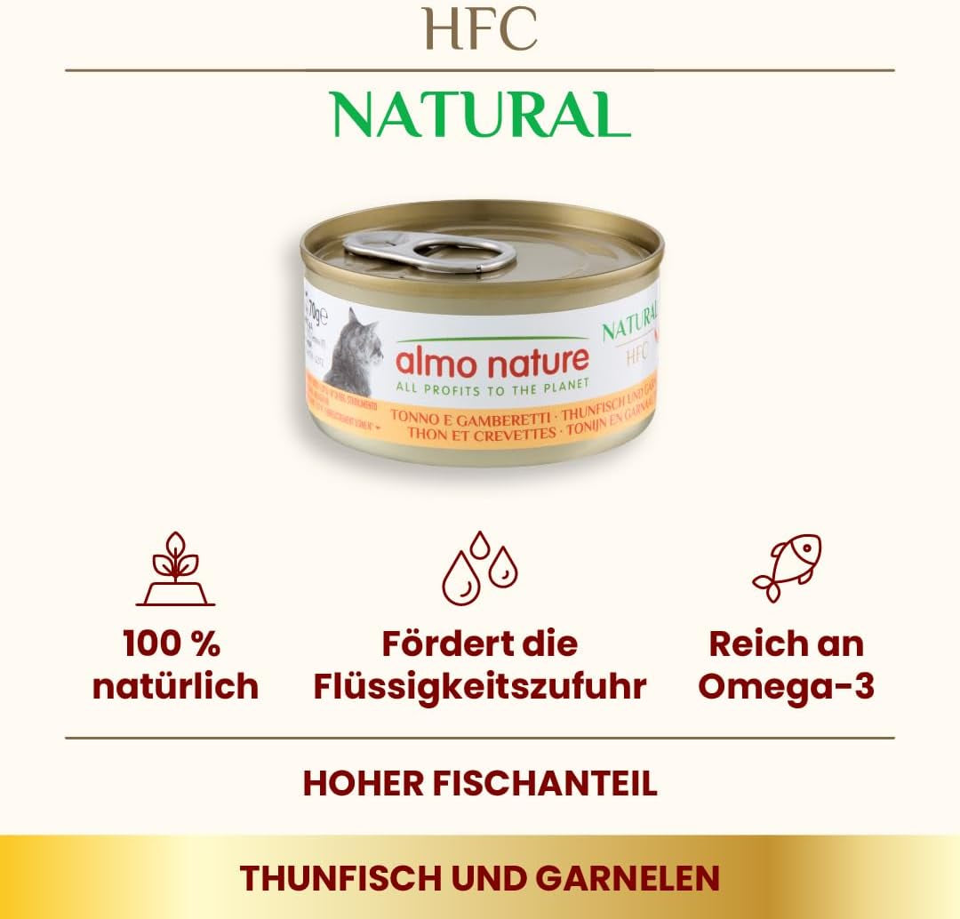 Hrană umedă naturală pentru pisici Almo Nature HFC - ton și creveți, pachet de 24 (24 x 70g)