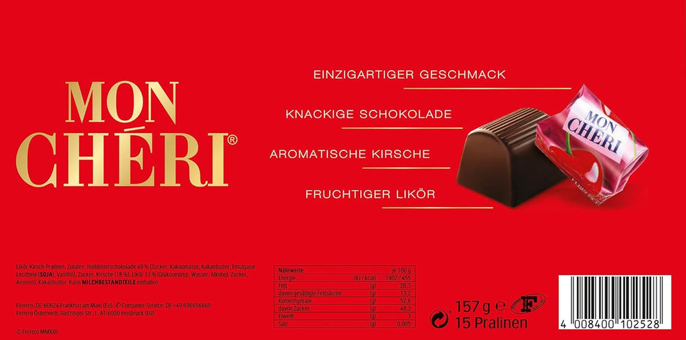 Ferrero Mon Chéri - křupavá čokoláda, ovocný likér a aromatická třešeň - valentýnský čokoládový dárek pro něj a pro ni - 1 balení 15 jednotlivých čokolád