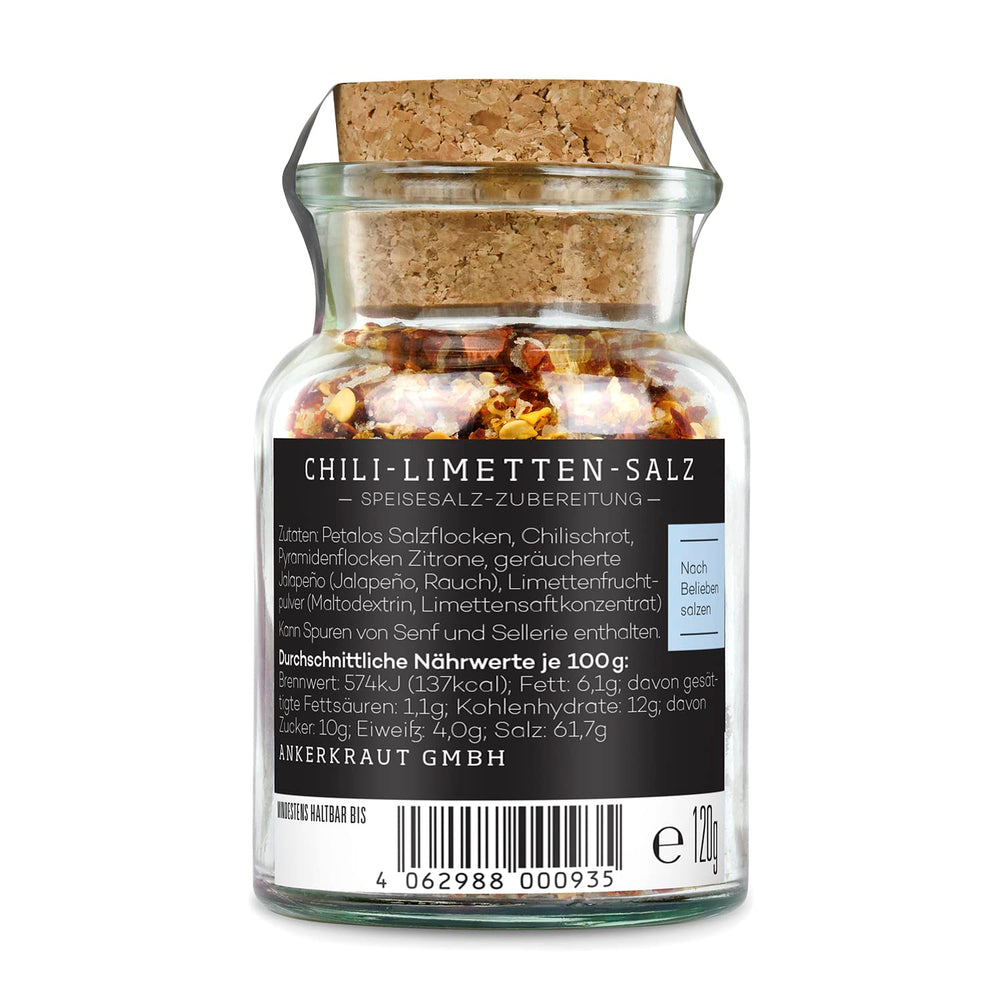 Ankerkraut Chili-Lime-Salz, 70g v korkovém skle, Speise-Salz Mischung für Steak Fisch Salát Asia Gerichte, Allrounder mit Gesmack und Qualität