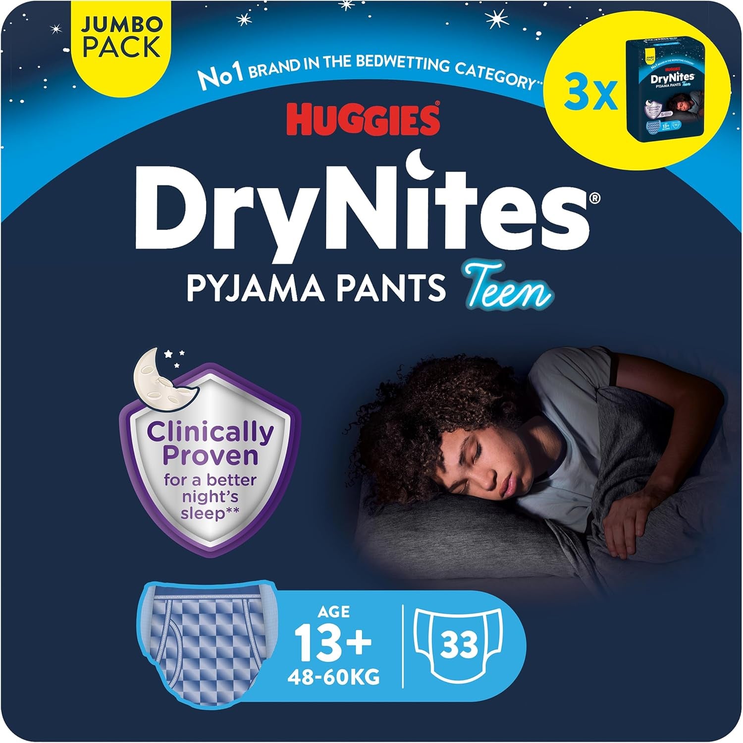 Noční noční pomočování Huggies DryNites, chlapci 13-cca 17 let (48-60kg), 33 Count (3x11), Jumbo měsíční balení, XL slipy