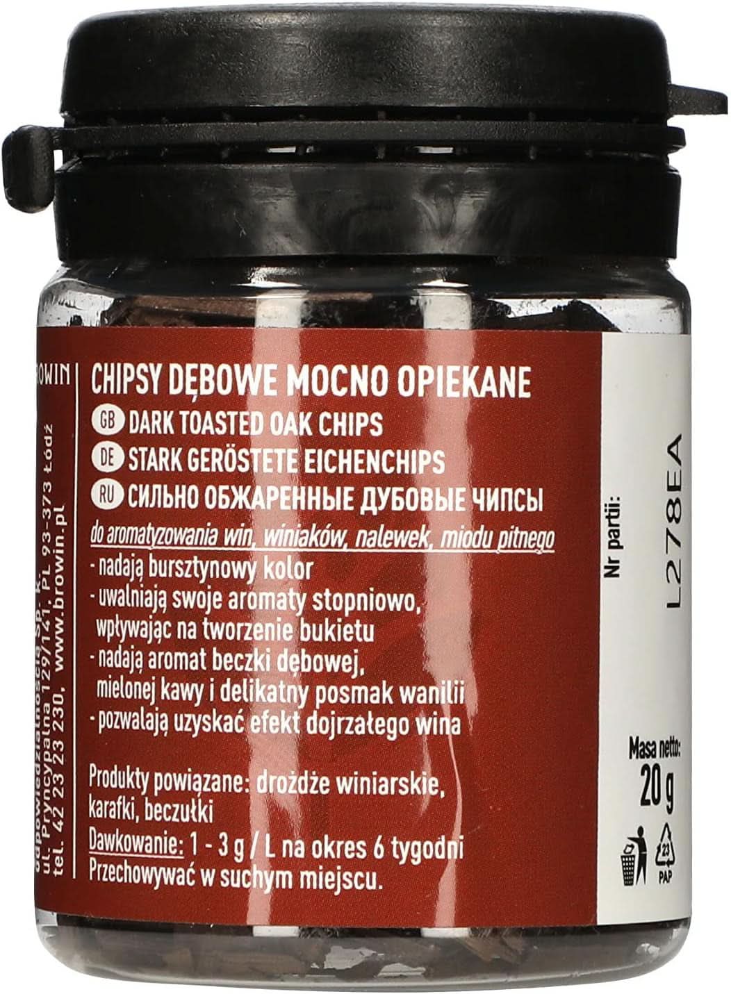 Browin silně pražené dubové chipsy 20 g – vločky, jemné dubové tyčinky pro ochucení alkoholu, hnědé příchutě Naty Shop 20 g vysoce pražené – vločky