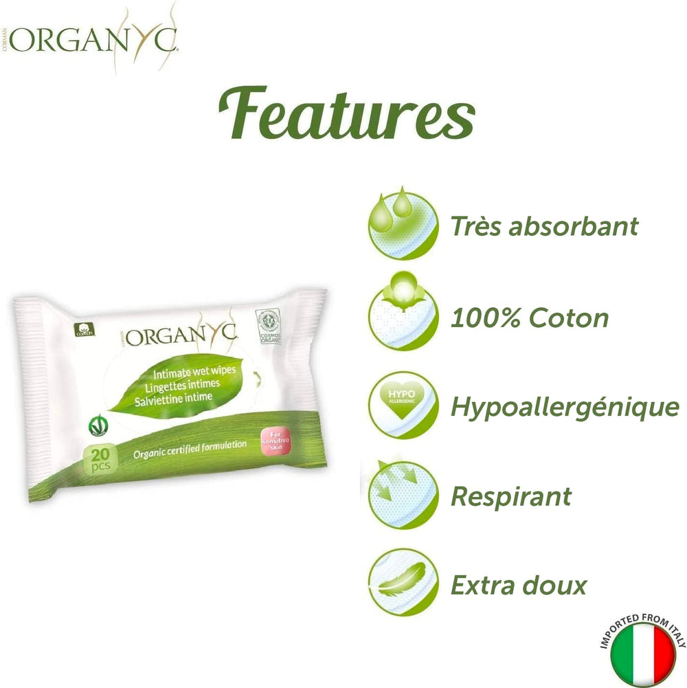 Organyc vlhké intimní ubrousky, vyrobené ze 100% certifikované organické bavlny – 4 balení po 20 ubrouscích (celkem 80 ubrousků)