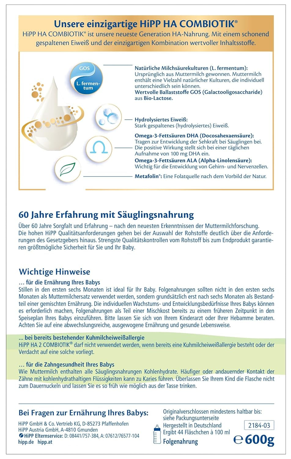 HiPP HA 2 Combiotik (4 x 600 g) - Pokračovací receptura po 6 měsících, s přírodními kulturami kyseliny mléčné, cennou dietní vlákninou (GOS), Omega-3, hydrolyzovanými proteiny pro citlivý imunitní systém