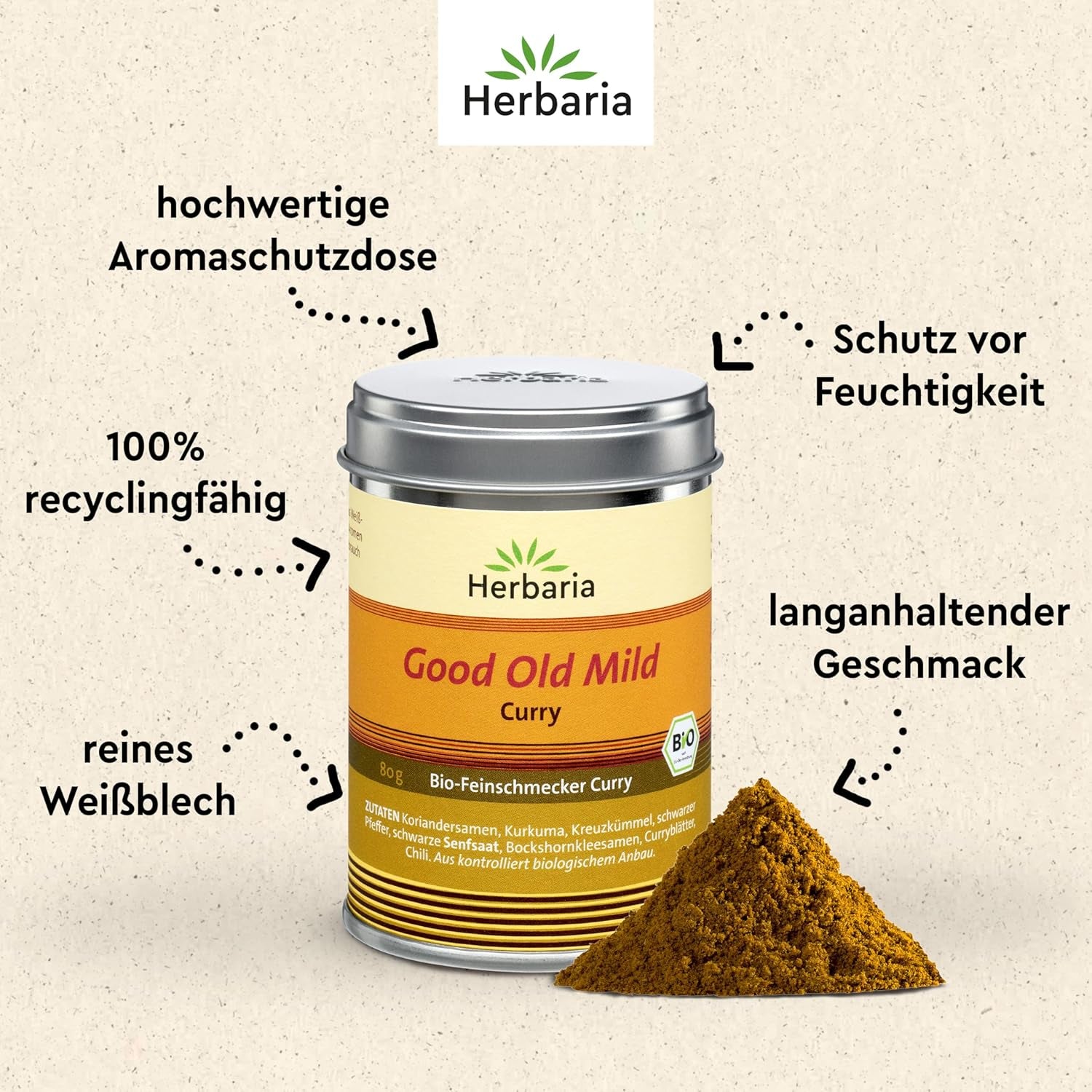 Herbaria Old Good Mild Curry bio 80g M-Dose – Currypulver, Currymischung - Bio-Gewürzmischung für klassische Curry-Spezialitäten z.B. Currywurst - erlesenen Složka v nachhaltiger Aromaschutz-Dose