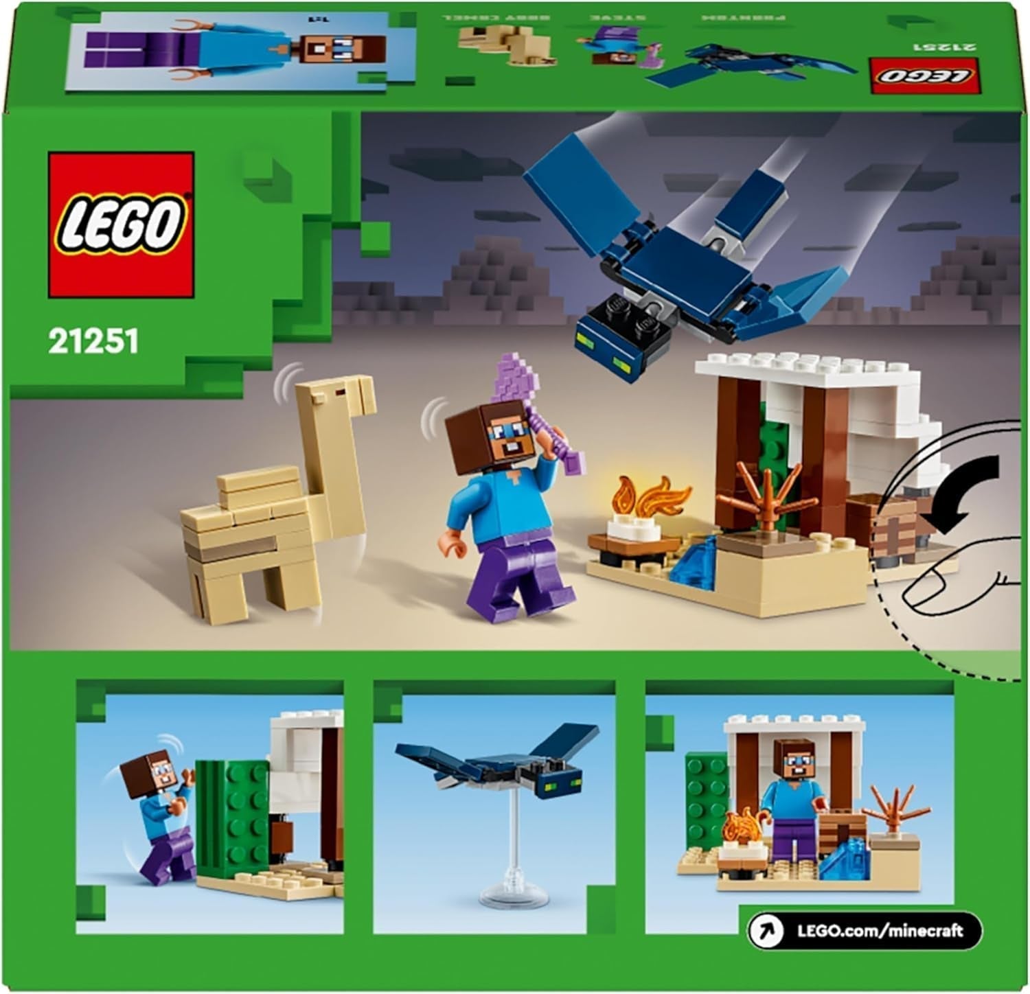 LEGO Minecraft Steve's Desert Expedition, sada videoher pro chlapce a dívky, biom se Stevem, domeček, figurky a hračka Camel, dárek pro hráče pro děti od 6 let 21251 Stavebnice Besuche den LEGO-Store