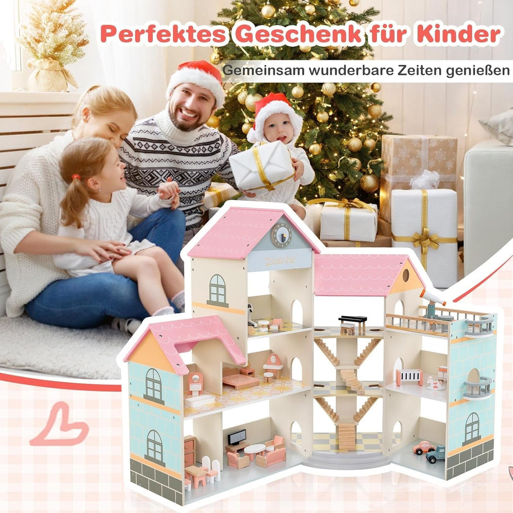 Casă de păpuși din lemn FANTASK, casă de păpuși 94 cm înălțime cu 41 de piese de mobilier și accesorii, vilă de păpuși cu 6 camere, terasă și garaj, cadou pentru fete de la 3 ani Casute de papusi Naty Shop