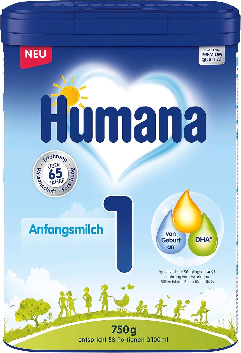 Humana Initial Milk 1, od narození, sušené mléko pro kojenecké mléko, kromě mateřského mléka nebo jako jediná výživa pro kojence, počáteční příkrm pouze s DHA a laktózou, 750 g Mother and Child Naty Shop 750 gramů