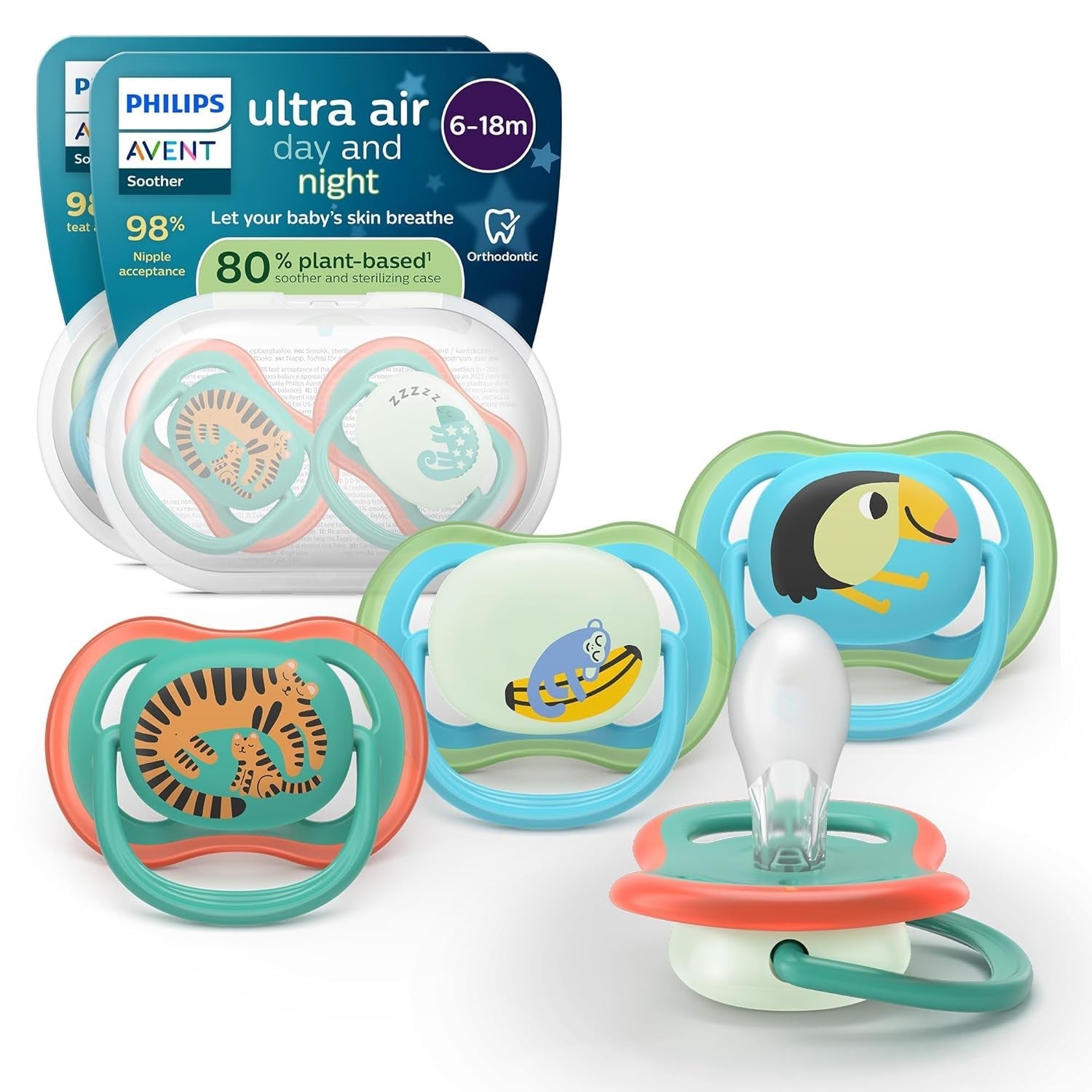 Suzete Philips AVENT ultra air - pachet de 4 suzete fără BPA, respirabile, pentru bebeluși 6-18 luni, inclusiv cutie de transport și sterilizare, model broască țestoasă/balenă (model SCF085/66)