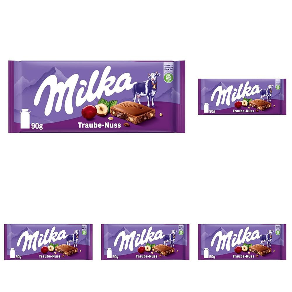 Milka Grapes and Hazelnuts – Čokoláda z alpského mléka s kousky lískových oříšků a rozinek – 90g