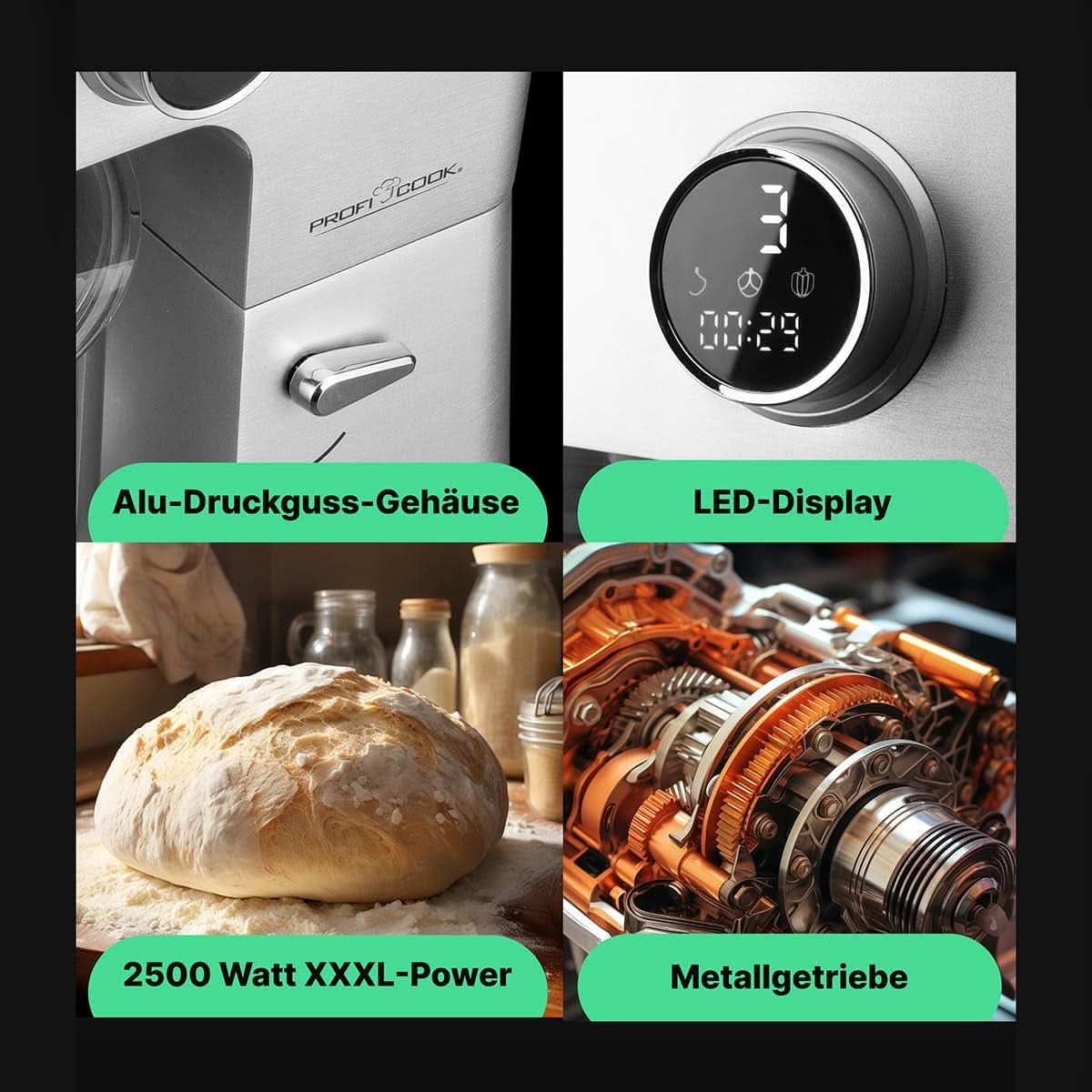 Proficook® Küchenmaschine Mit XXL 12L Schüssel | Knetmaschine Mit 2500W Longlife-Profi-Motor | Metallgetriebe Und-Display | Kuchyňský robot Für Bis Zu 8,5 kg těsta | 13 rychlostí | PC KM 1254 Matka a dítě Naty Shop