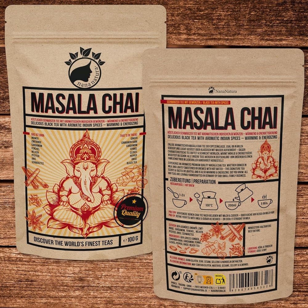 Nananatura'S MASALA CHAI TEE 100G | Perfect pentru ceai chai, chai latte cu lapte sau chai rece | 100% natural | Ceai negru delicios cu condimente indiene aromate | Încălzitor și energizant