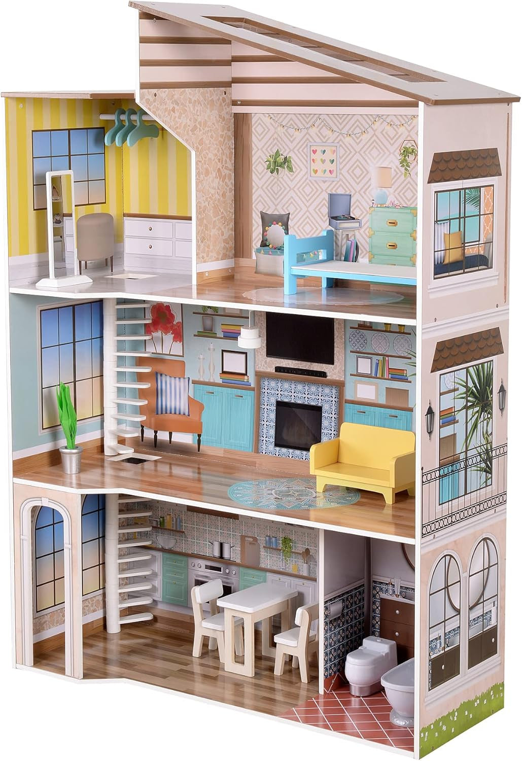 Olivia's Little World, casă de păpuși interactivă din lemn pentru copii, stil mediteranean contemporan, cu 3 etaje, cu 17 accesorii pentru mobilier de păpuși, multicoloră, TD-13551B