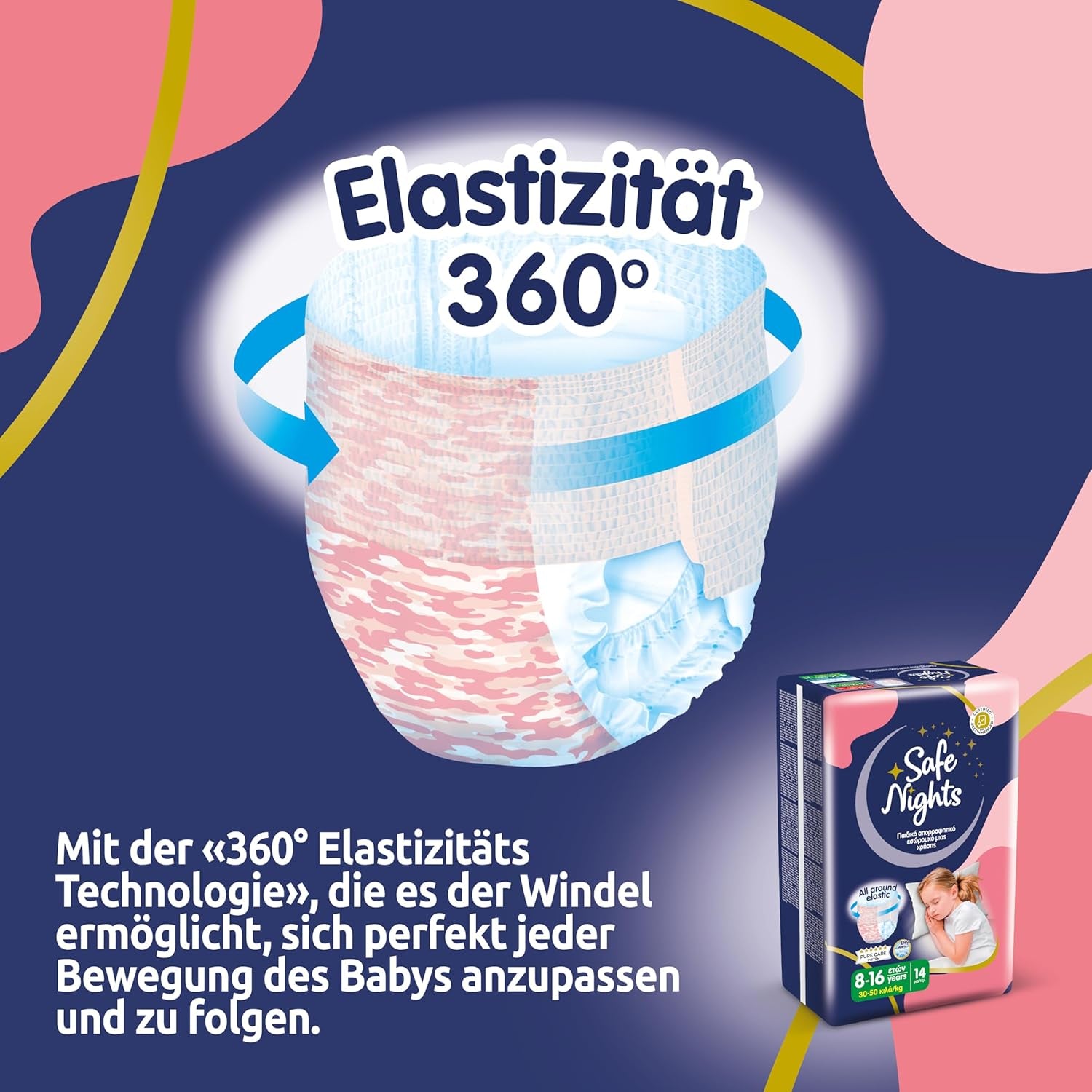 Safe Nights Girl, Dívčí 8-16 let (30-50 kg), Absorpční noční prádlo, 14 balení